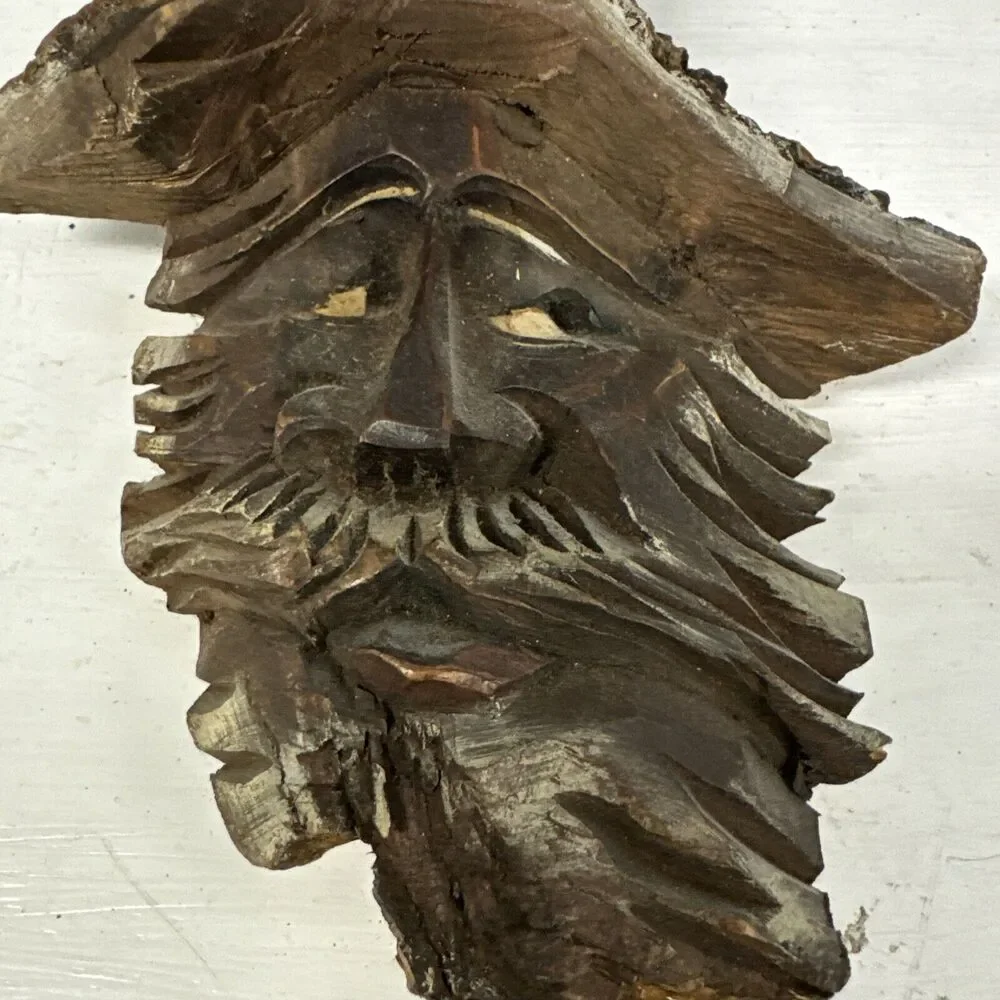 Vintage Wooden tree carving spirit old man wood‎ plaque 9” Tall Whimsical Decor